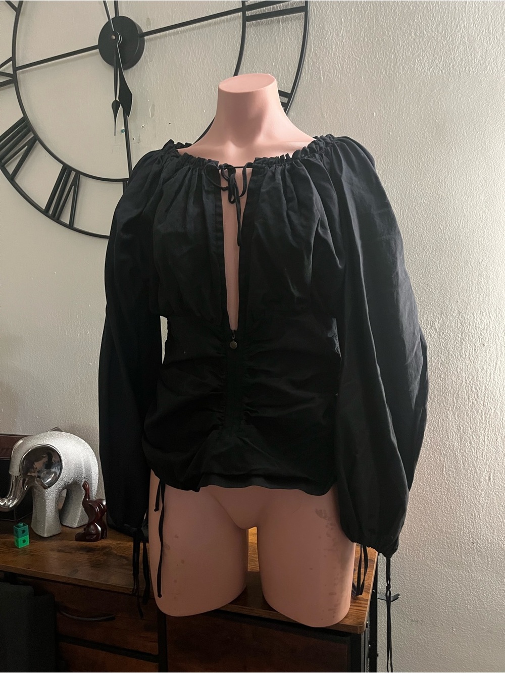 #325 Black Blouse with Drawstring Neck and Zipper Torso
